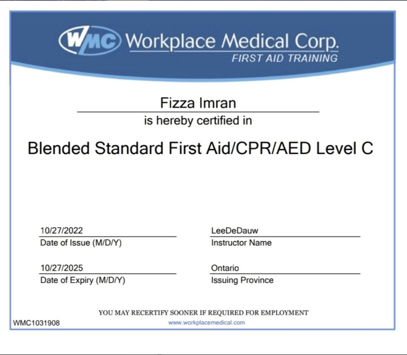 CPR/First Aid Certificate